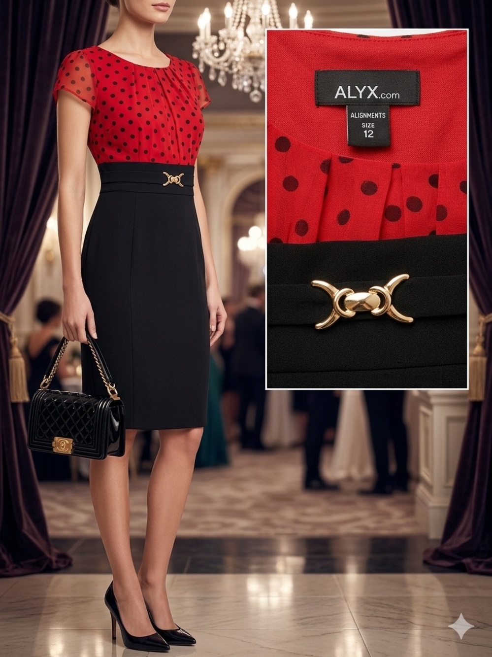 ALYX Women's Sz 12 Red, Black Polka Dot Dress Cap Sleeves Pencil Skirt Gold Bow